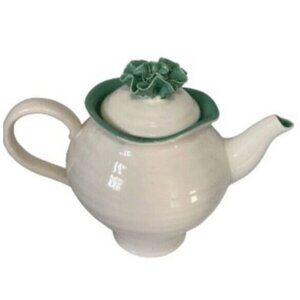 Graces Teaware Fine China White Teapot with Lid Teal Accents Trim 24 oz